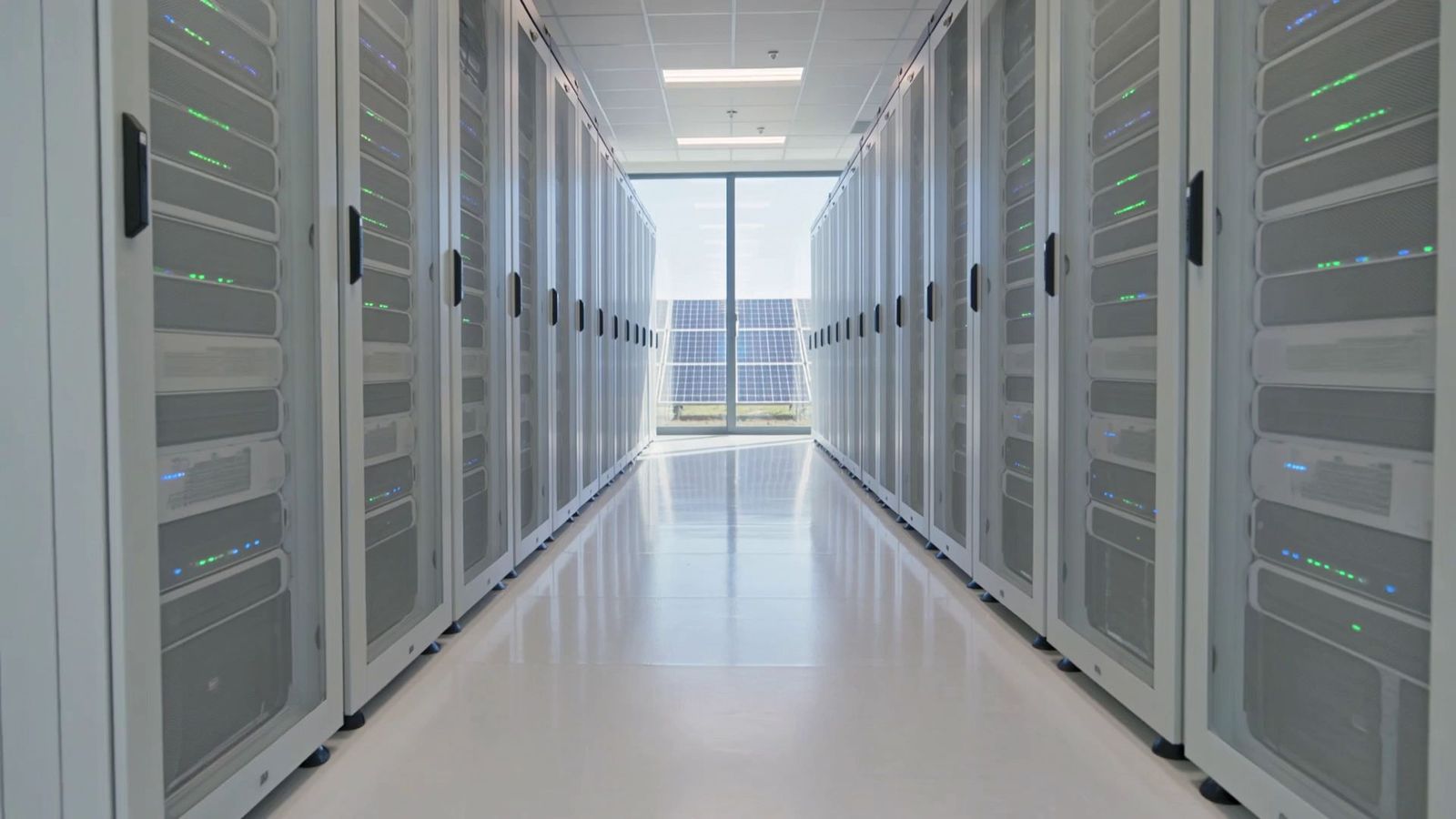 Bright server room with solar panels outside