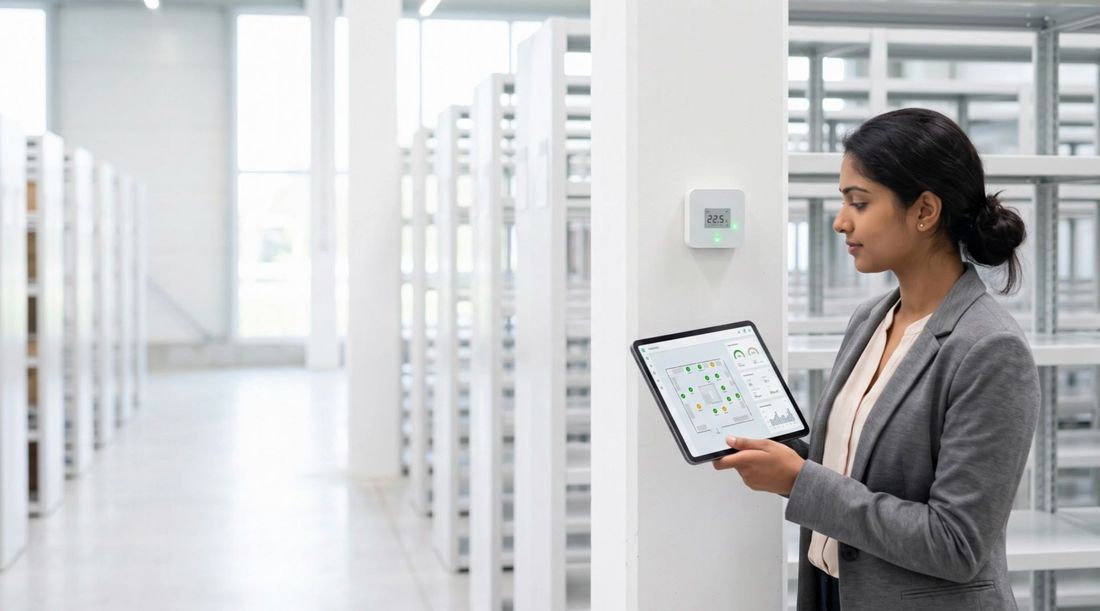 Engineer checking a smart sensor on a live IoT dashboard